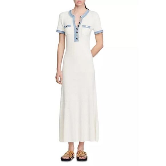 SANDRO Alecia White Blue Ribbed Raw Denim Hem Gold Buttons Dress Size Small - Picture 1 of 11